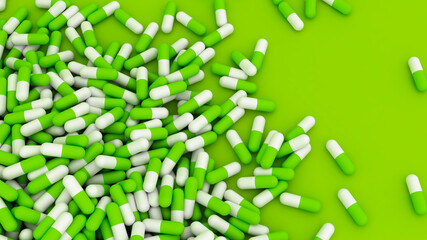 Fototapeta premium Green herbal pills - medical background with capsules and copy space 