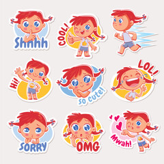 Emoji with cute girl. Stickers for online communication