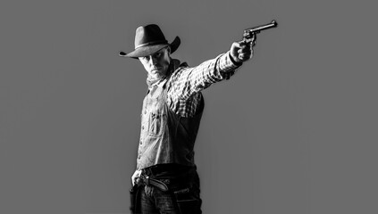 Man wearing cowboy hat, gun. West, guns. Portrait of a cowboy. owboy with weapon on red background....