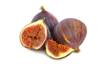 Two figs with half and quartered isolated on white background