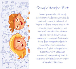 Fototapeta premium Schoolchild are holding banner on background of children's drawings