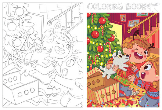 Children presented a puppy for Christmas. Coloring book