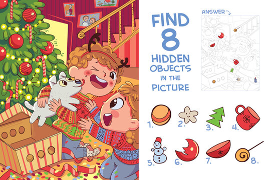 Children presented puppy for Christmas. Find 8 hidden objects in the picture