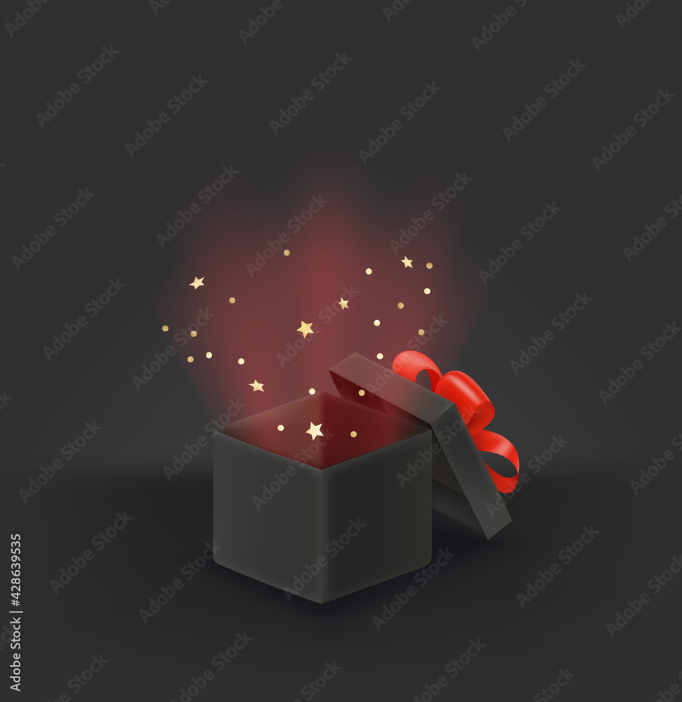 Poster opened black box with surprize. 3d style illustration with glowing effect from the box
