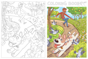 Obraz premium Dog pulls the leash with its owner. Coloring book