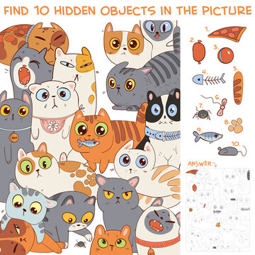 Find 10 hidden objects in the picture. Group of different cats