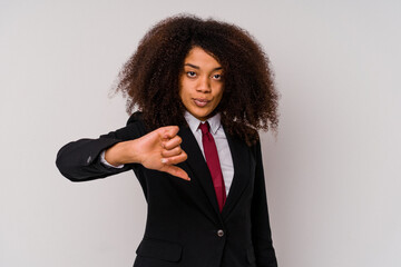 Young African American business woman wearing a suit isolated on white background showing a dislike gesture, thumbs down. Disagreement concept.