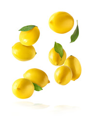 creative image with fresh lemons falling in the air, zero gravity food conception