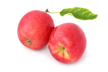 Two red apples with leaf isolated on white background