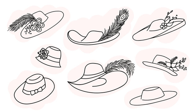 Set of elegant woman's hat isolated on white background. Headgear vector illustration for woman, girl or ladies. Summer classic hat with a feather. Single icon. Fashion outline sketch. Doodle style.