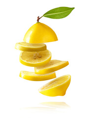 creative image with fresh lemons falling in the air, zero gravity food conception