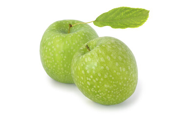 Two green apple with leaf isolated on white