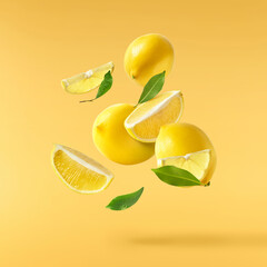 creative image with fresh lemons falling in the air, zero gravity food conception