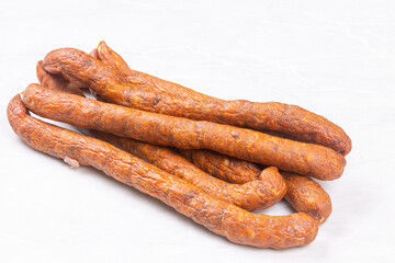 Homemade fresh raw smoked sausages with copy space