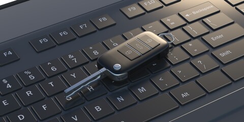 Car remote flip key on a black computer keaboard 3d illustration