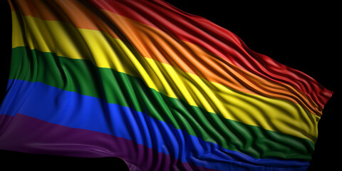 Rainbow flag waving on black background, banner. 3d illustration
