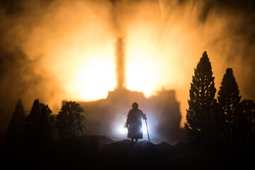 Creative artwork decoration. Chernobyl nuclear power plant at night. Layout of abandoned Chernobyl...