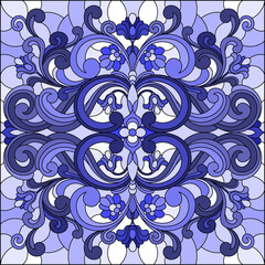 Illustration in stained glass style with abstract flowers, swirls and leaves  on a light background,monochrome,tone blue