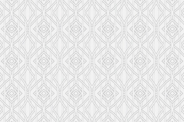 Volumetric convex white background. 3d embossed geometric pattern with intertwining lines and shapes. Ethnic minimalistic elements. Abstract exotic folk ornament.