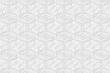 Volumetric convex white background. 3d embossed geometric pattern with intertwining lines and shapes. Ethnic minimalistic elements. Abstract colorful ornament.