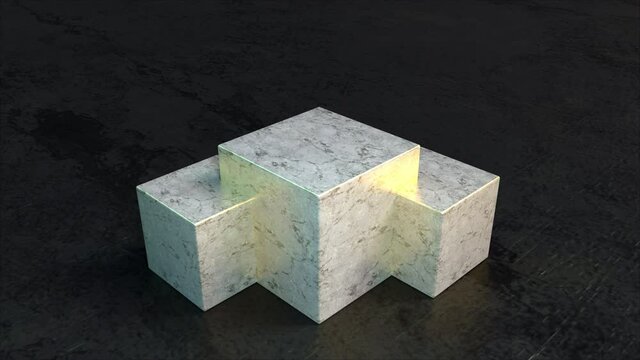 Triple square 3d render podium made natural stone for design presentations. Realistic sealed cubes with wavy light reflections floor. Luxurious layout for advertising elite products.