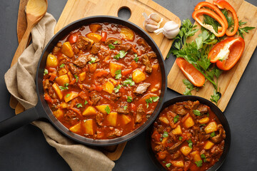 Goulash, beef stew with vegetables in tomato sauce. Top view. Dark (black) background.
