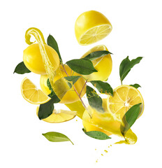 creative image with fresh lemons falling in the air, zero gravity food conception