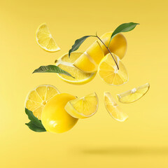 creative image with fresh lemons falling in the air, zero gravity food conception