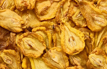 Dried sliced pear background, closeup, macro