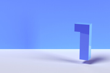 1 - chiffre un en 3D - scène minimaliste blanche et bleue avec espace libre - arrière-plan moderne
