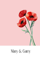 Watercolor bouquet of red poppies on a pink background. Invitation. Wedding. Postcard. Minimalism