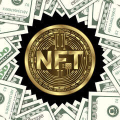 NFT non-fungible tokens against dollar banknotes. Digital and physical currencies