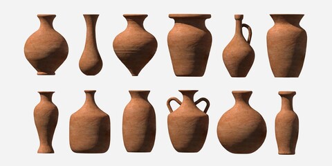 Old clay 3d pitcher. Magic 3d vases of various types. Antique 3d amphora in vector form.
