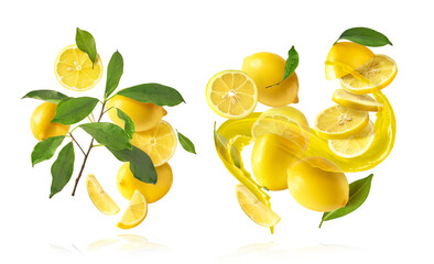 creative image with fresh lemons falling in the air, zero gravity food conception