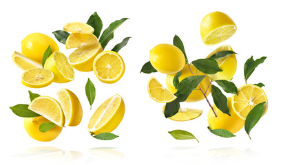 creative image with fresh lemons falling in the air, zero gravity food conception