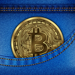 In front pocket of denim trousers have bitcoin (BTC). Bit-coin, cryptocurrency