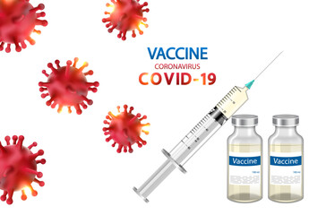 Creative Banner for Coronavirus Vaccine. Covid-19 Vaccination with Bottles and Syringe