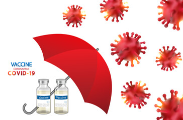 Protecting coronavirus by vaccines concept. Umbrella and ampoules protects against Covid-19