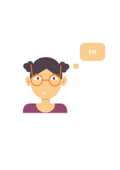 Technical support icon for a dark-skinned girl with glasses and a purple jumper. Says bye. Ends the conversation. Configures. Isolated. Vector illustration.