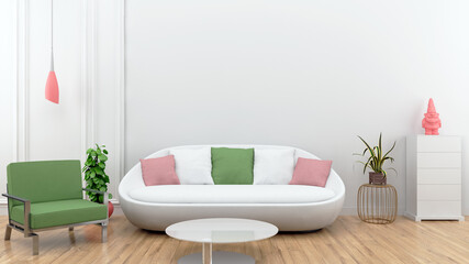 The pink and green combination living room interior has a white cozy sofa on the empty white wall as a background.