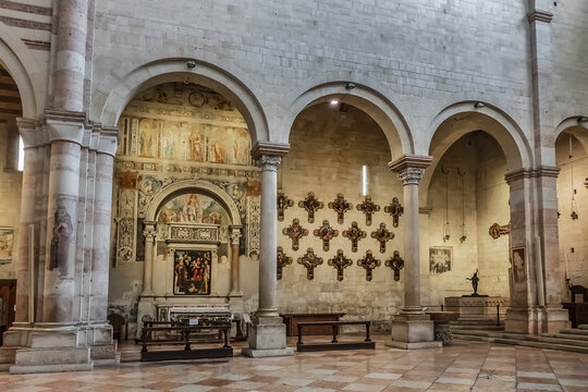 Interior of Basilica di San Zeno Maggiore in Verona. Basilica di San Zeno Maggiore - most important medieval church in Verona, was founded in V - XII century. VERONA, ITALY. January 07, 2018.