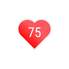 Red heart icon with a pulse rate of 75 heartbeat. Vector illustration of measuring health care sign