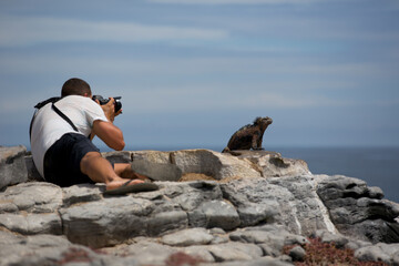 photographer taking a picture of an iguana in Galapagos Islands
