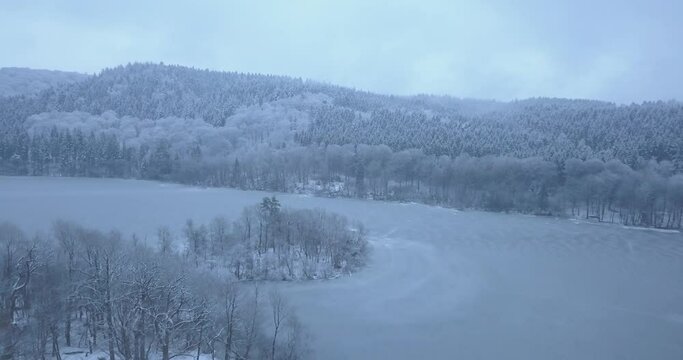 Scandinavian winter forest and lake flyover