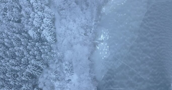 Scandinavian winter forest and lake flyover