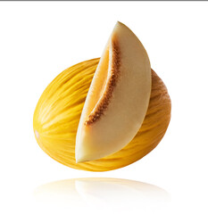 Fresh raw melon falling in the air isolated on yellow