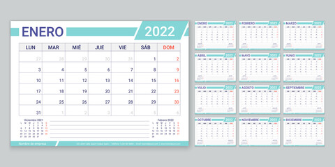 2022 Spanish calendar. Planner template. Week starts Monday. Vector. Calender layout with 12 month. Yearly stationery organizer. Table schedule grid. Horizontal monthly diary. Simple illustration