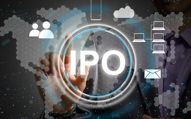 Businessman presses button ipo Initial Public Offering network on chart.