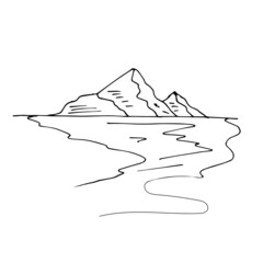 Mountains and river, landscape. Vector black and white illustration. © Oksava