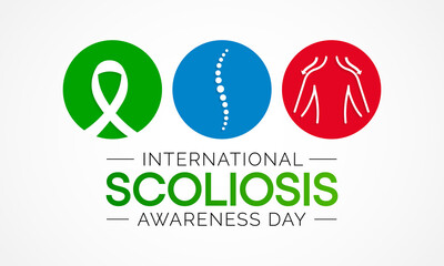 Scoliosis awareness day is observed every year in June, it is an abnormal lateral curvature of the spine. It is most often diagnosed in childhood or early adolescence. Vector illustration.